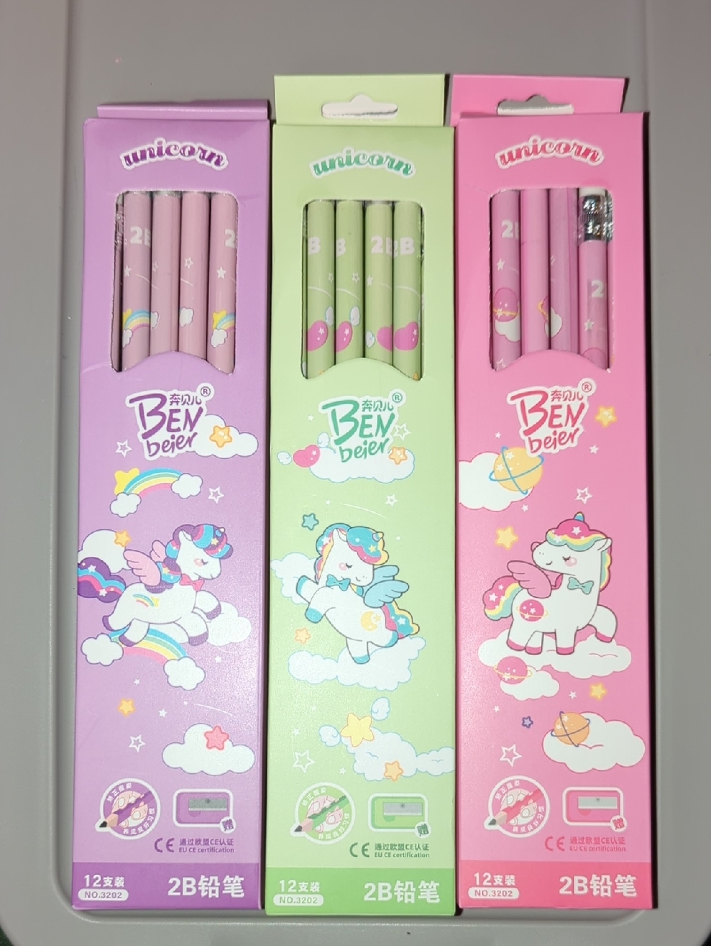 Kids Unicorn 2B Pencil Set - Pink & Lavender & Green 3Pack Set